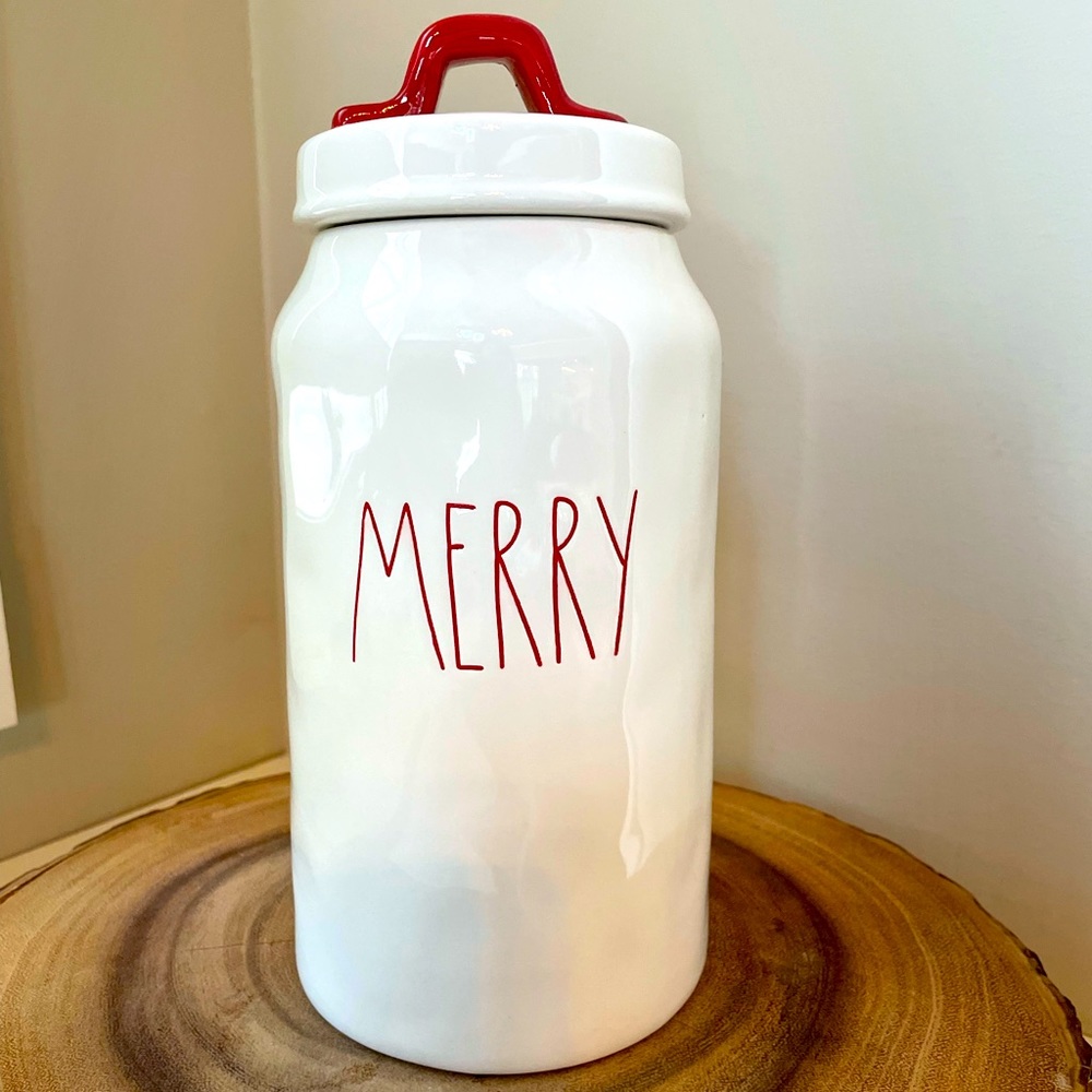 Rae Dunn MERRY Canister. Approx 10” tall with lid. Festive red lettering!